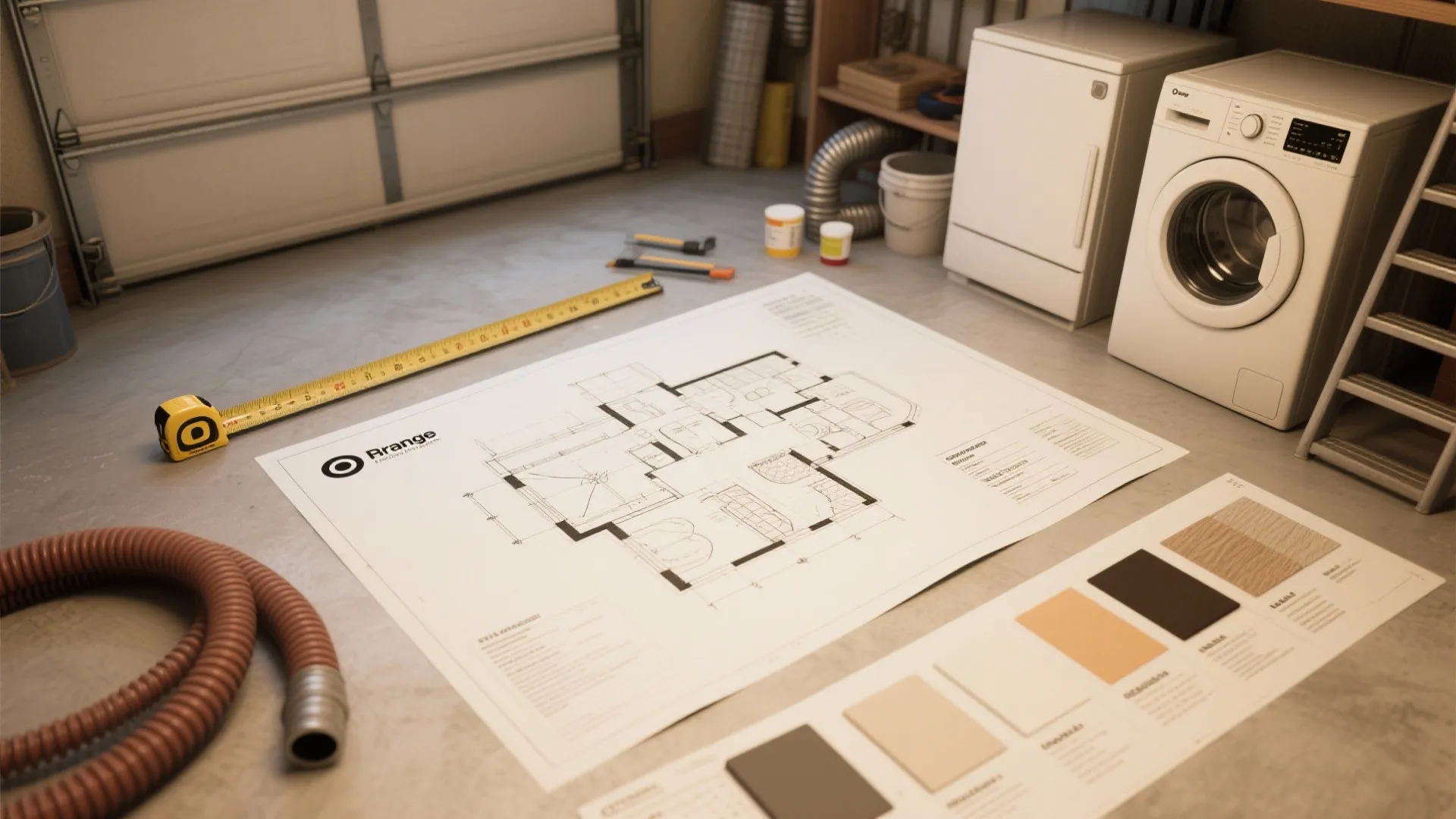 Floor plan drawing on a concrete floor with tape measure color samples and washing machine