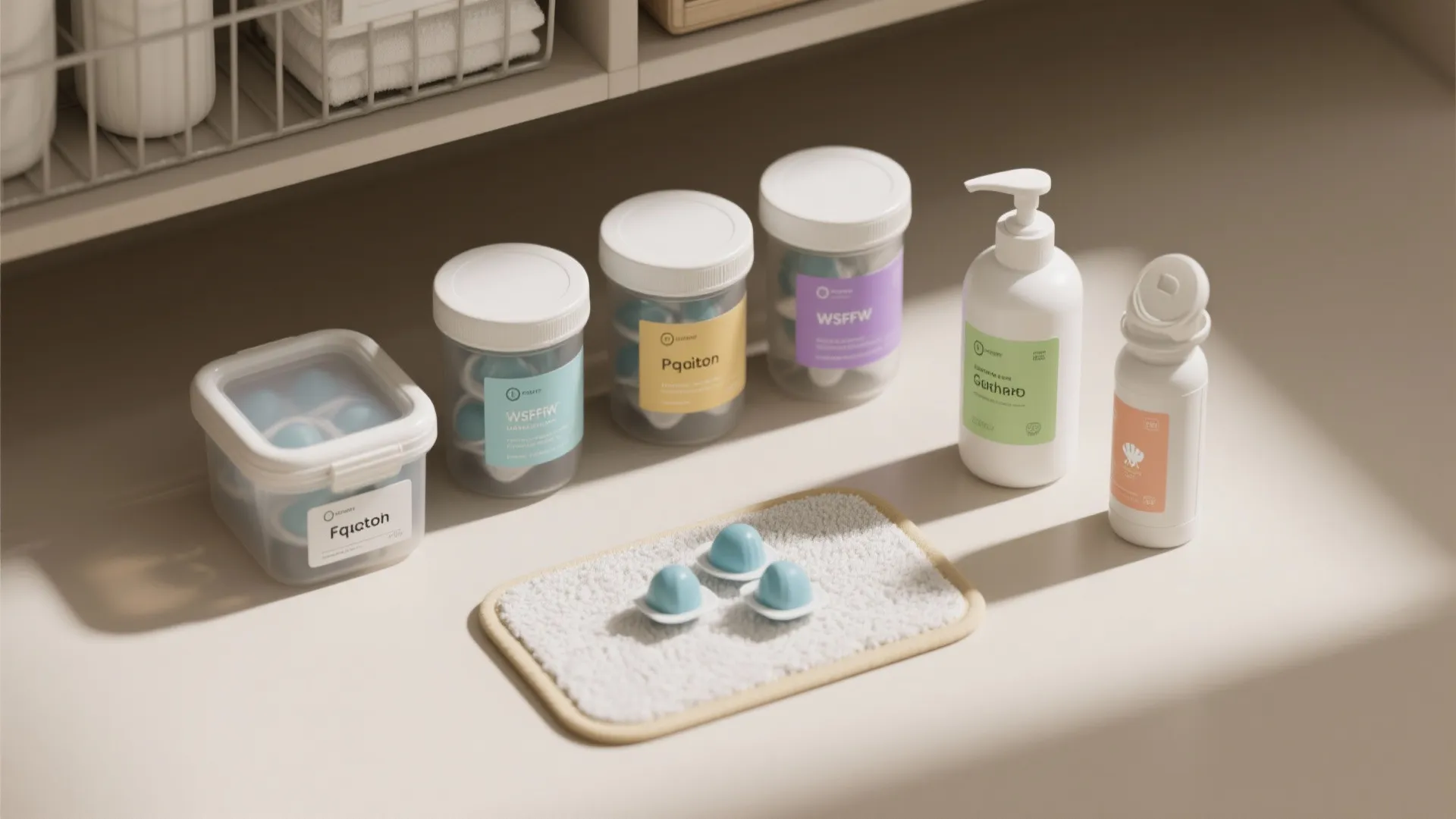 Organized laundry supplies including jars of pods soap bottles and small blue laundry cleaning pods