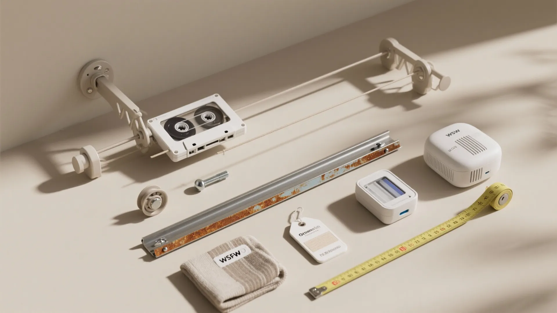Top-down flatlay of drying solution samples and hardware for laundry FAQ: pulleys, retractable cassette, heated rail sample, fabric swatches and measuring tape.