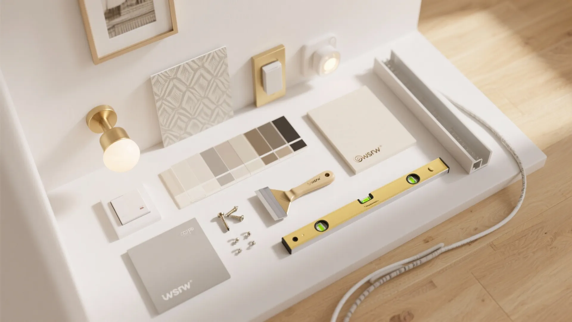 Interior design materials including color swatches wall light switch level tool and small hardware parts