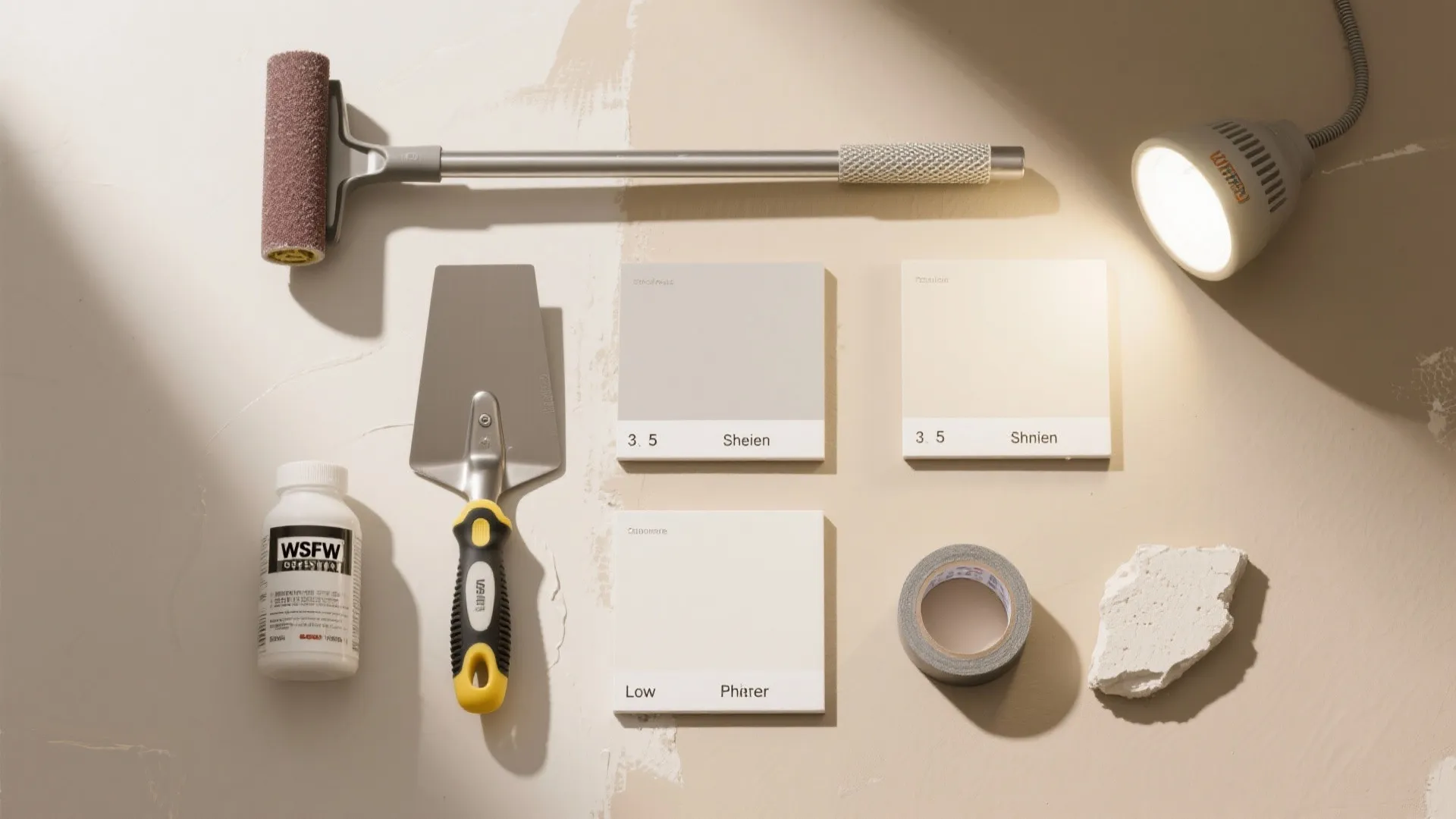 Top view of wall paint tools including roller scraper color samples tape and a light