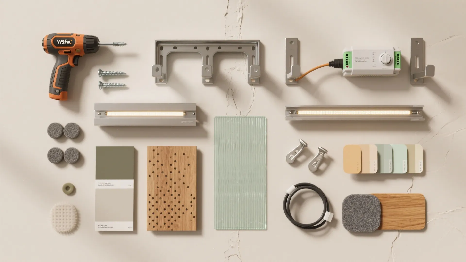 Home improvement tools featuring power drill screws light strips color swatches wood samples and brackets