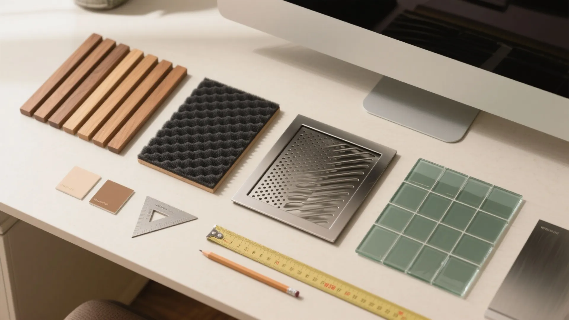 Interior design materials including wood slats tiles foam and metal floor drain on a white desk