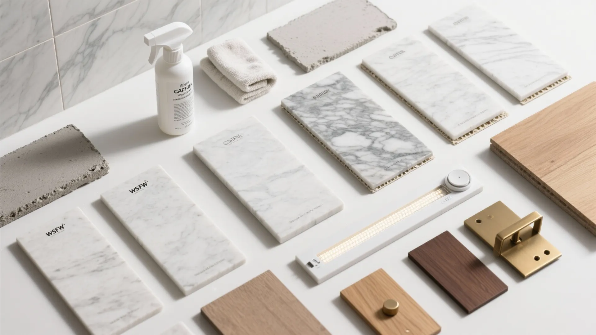 Flat lay display of interior design materials featuring marble tiles wood samples and gold hardware