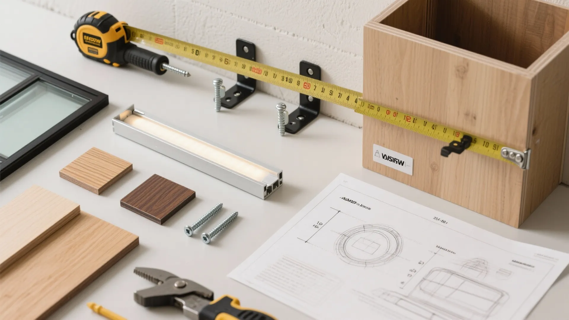 DIY tools with measuring tape wood box screws light fixture and design paper on white table