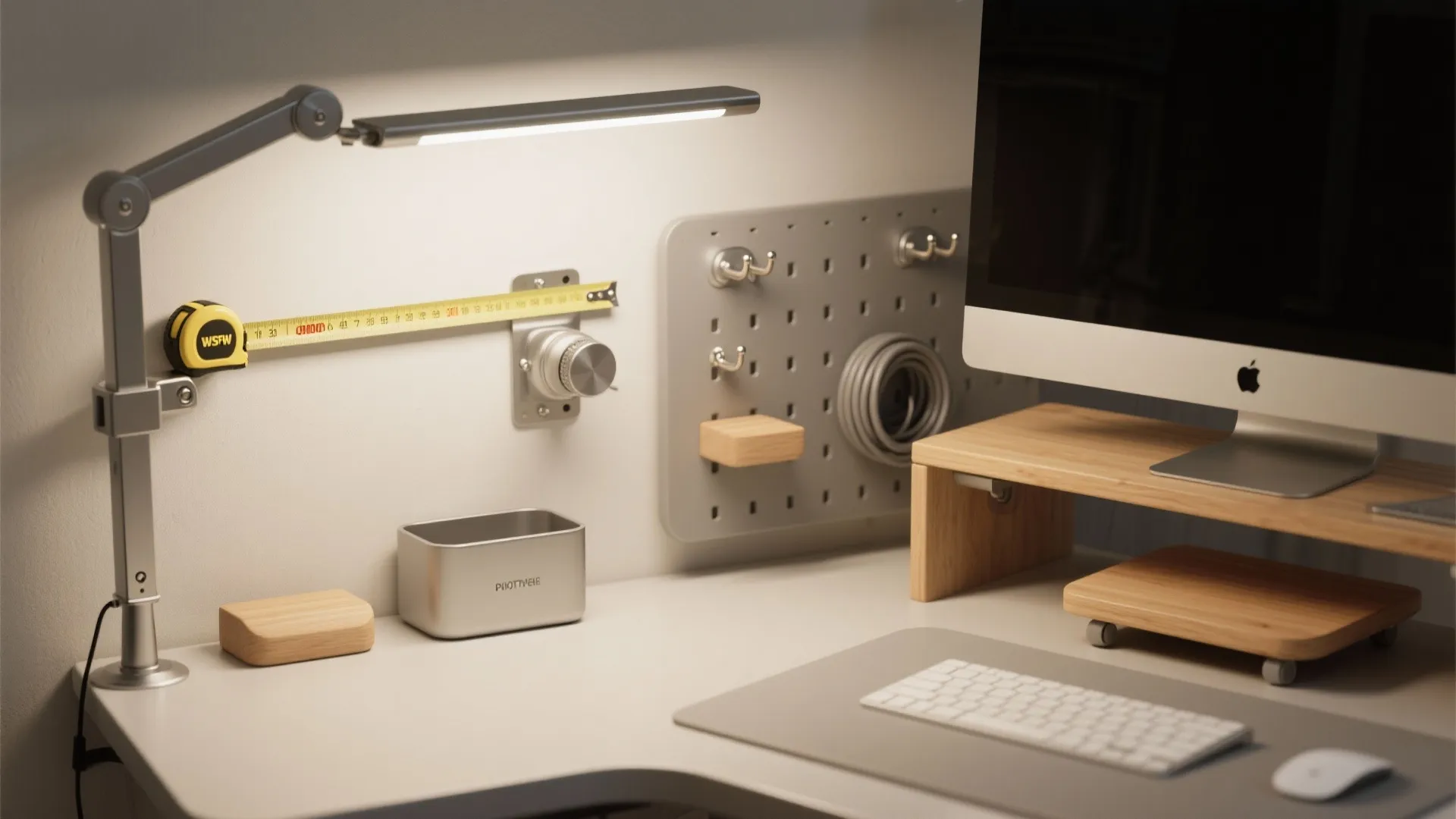 Desk setup with computer monitor light fixture wooden stand measuring tape and grey wall board