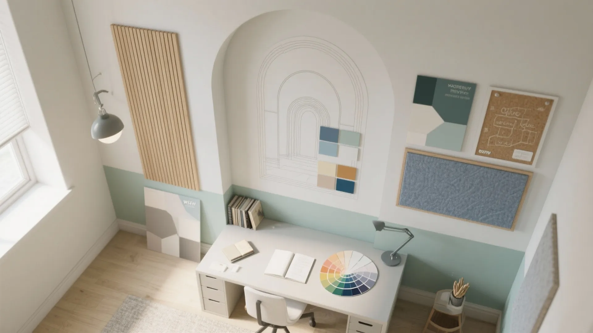 Interior design workspace with color wheel on desk wall panels and an arch line drawing