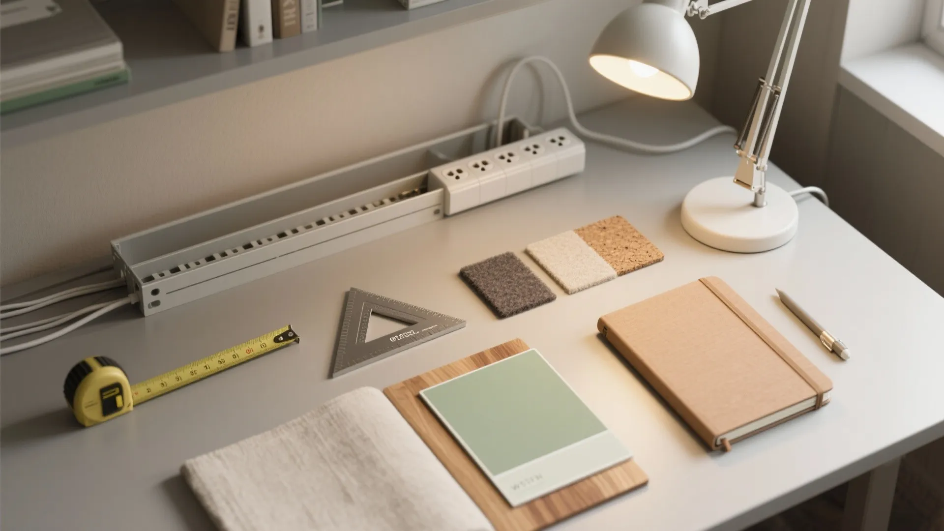 Desk top view with tape measure ruler notebook pen material samples and white desk lamp