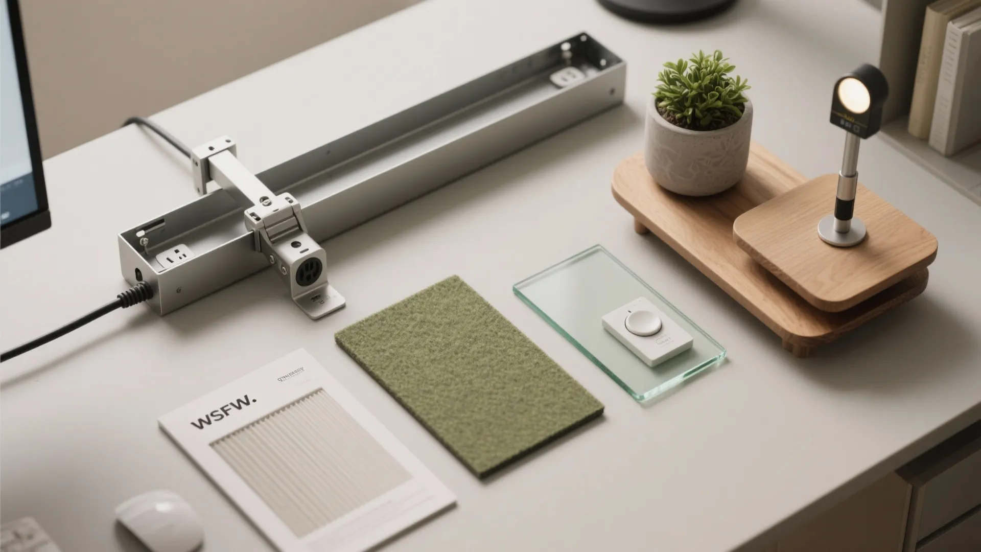 Desk tabletop with interior design materials green fabric sample small plant wooden stand and metal hardware