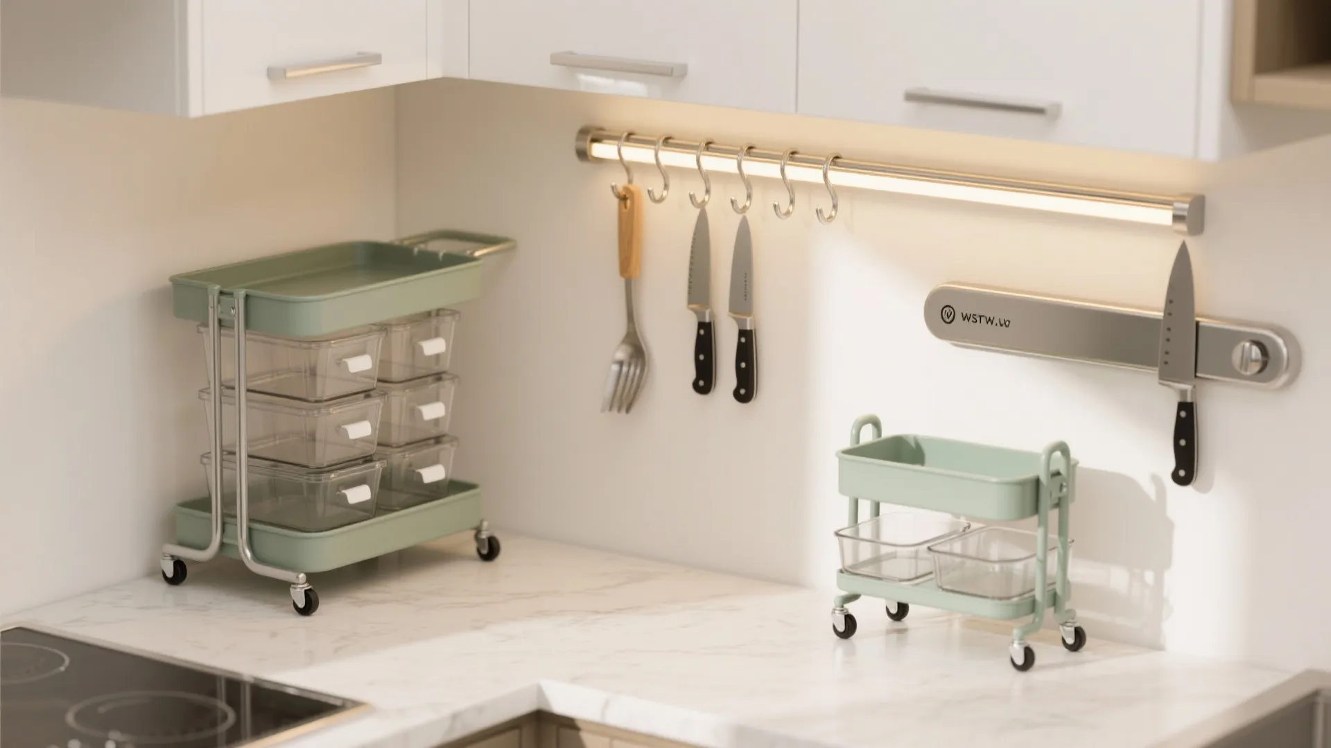 Modern kitchen counter with green storage carts, wall mounted knife rack, and marble work surface area