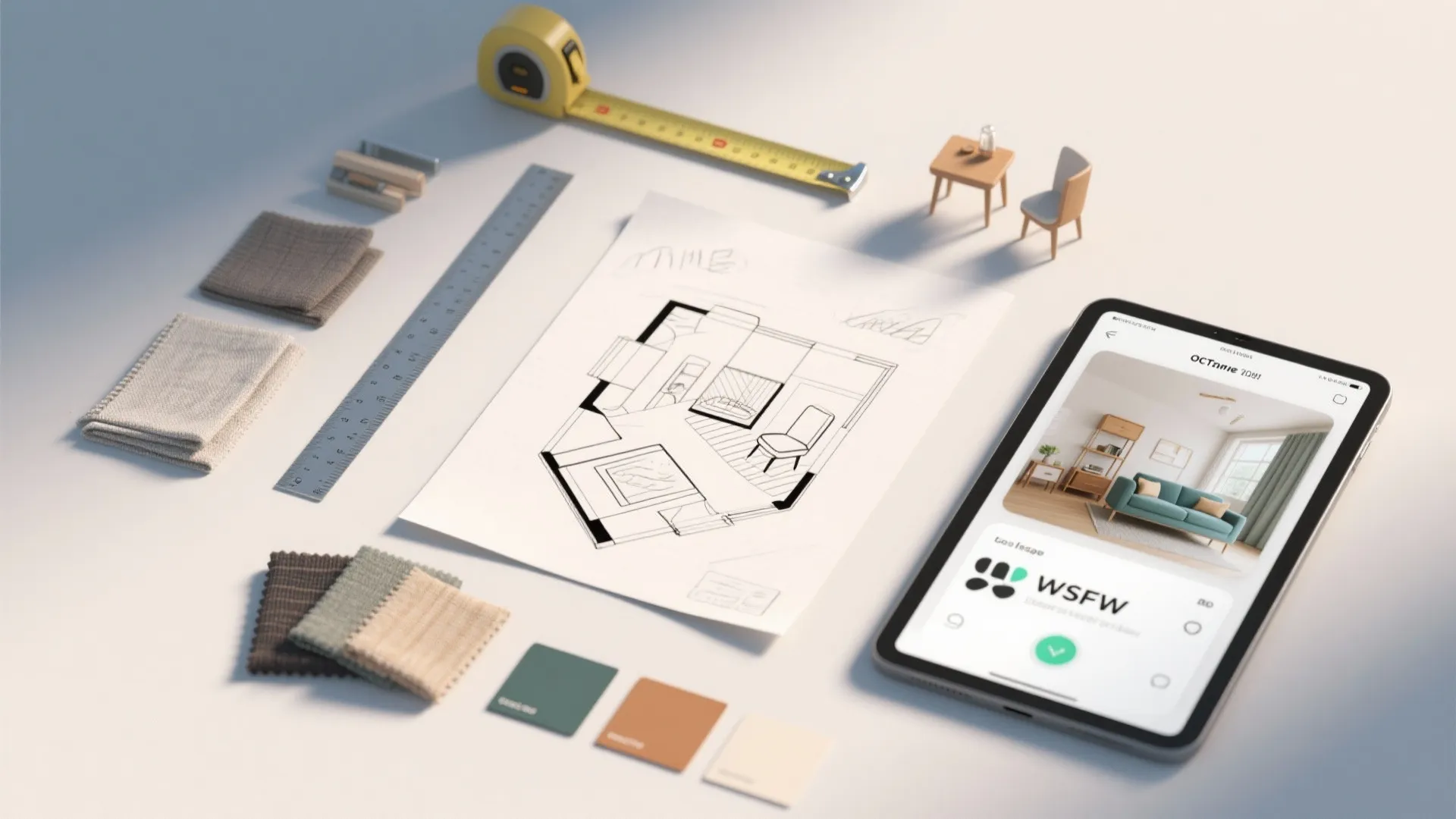 Interior design tools including floor plan sketch and tablet showing a modern living room render