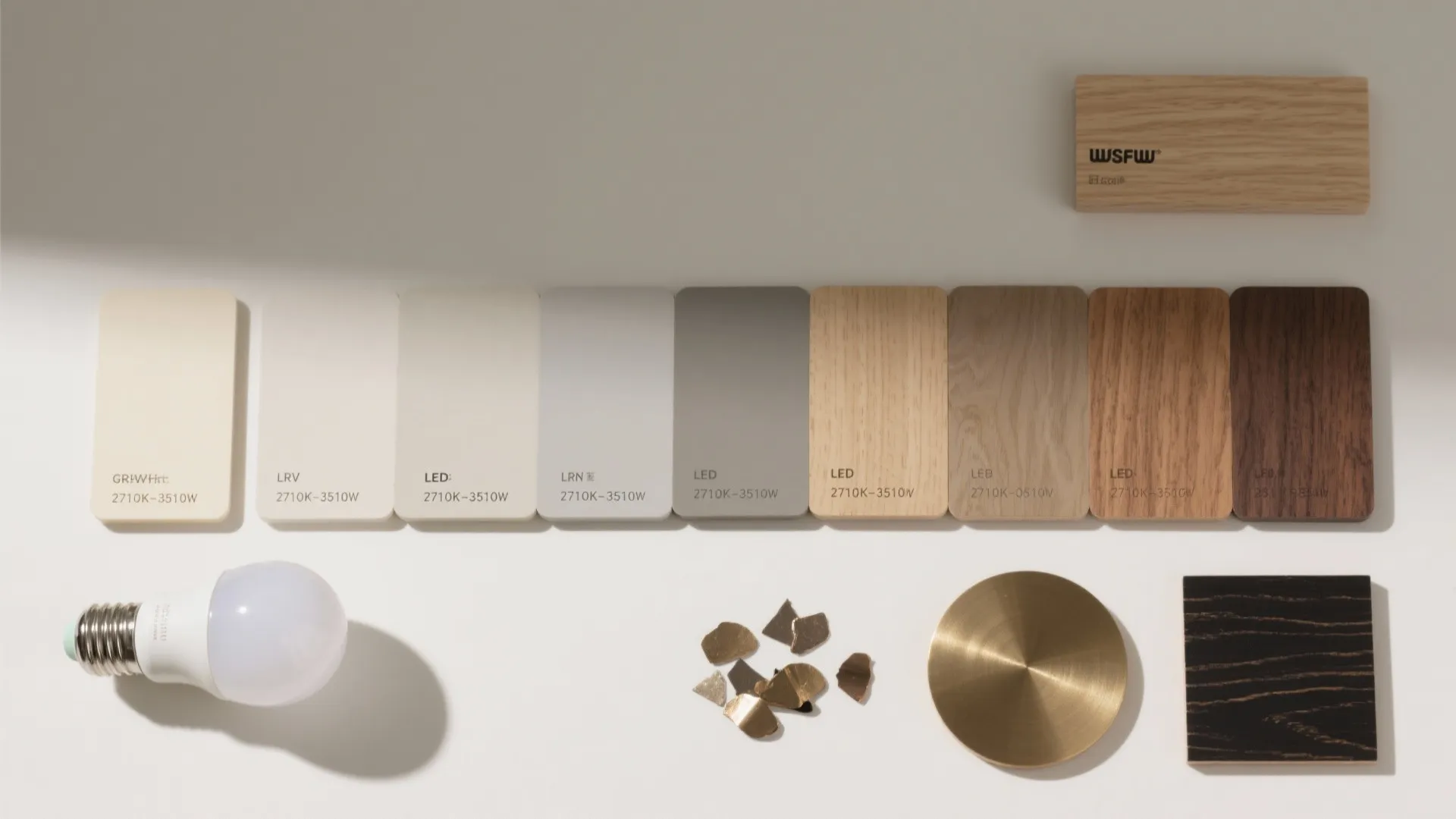 Interior design material board showing light bulb color swatches wood samples and a gold plate