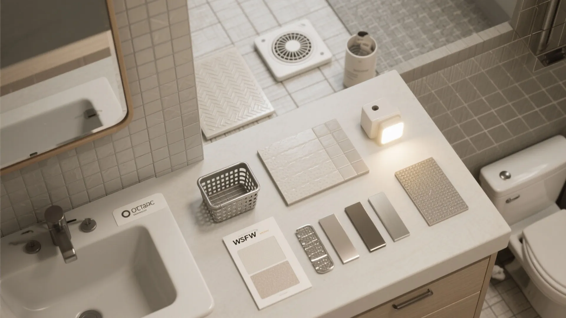 Bathroom interior design drawing showing material samples tiles and small light fixture on white counter top