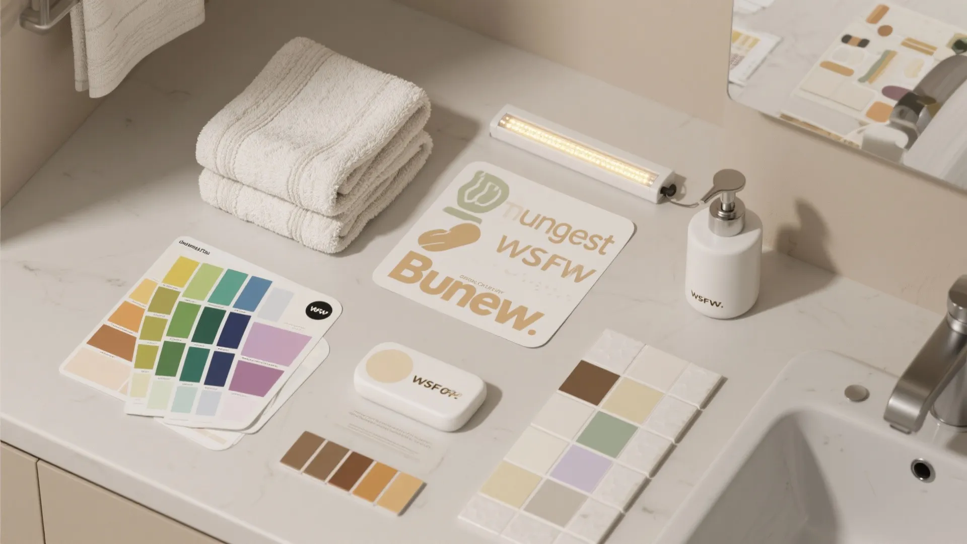 Top-down flatlay of budget-friendly Star Wars-inspired bathroom items: towels, decals, paint swatches and LED strip.