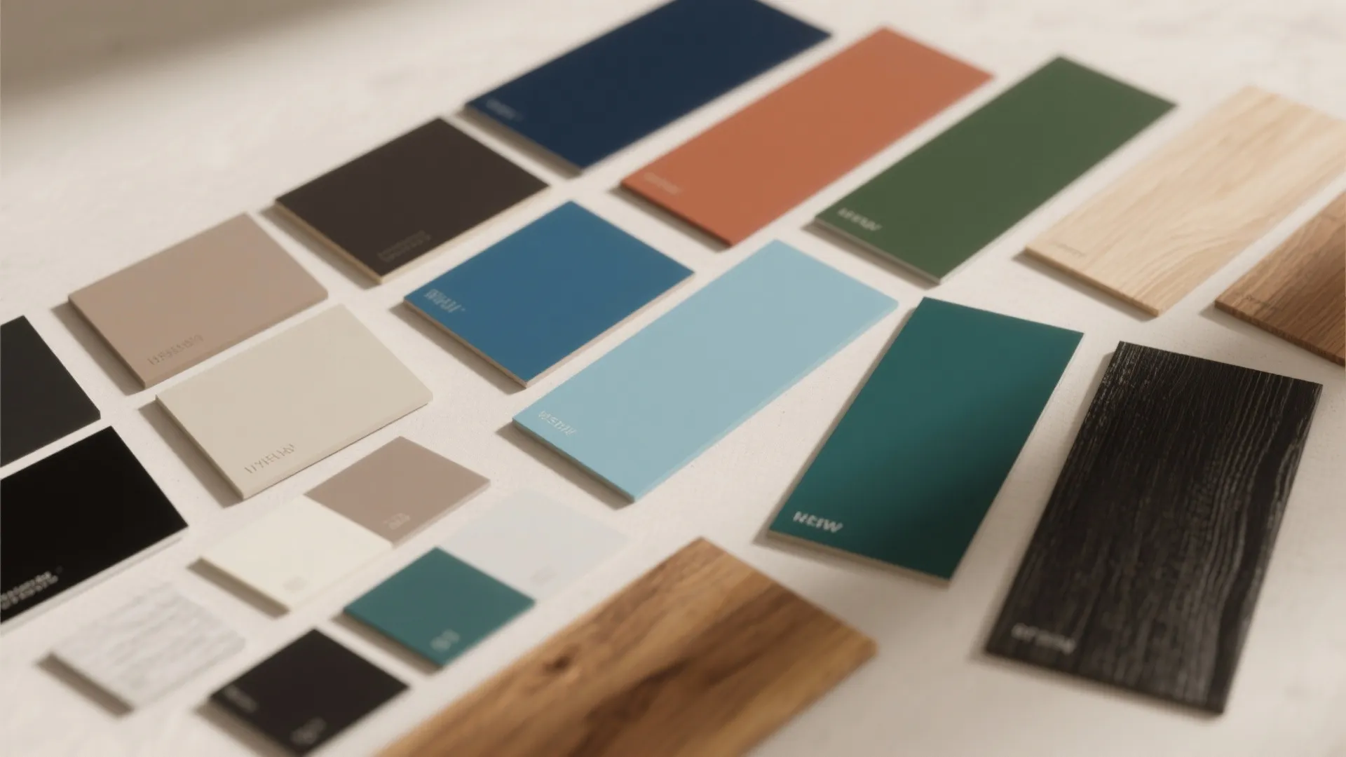 Top-down flat lay of paint chips and textures for small-space palettes: warm neutrals, deep accents, blues, greens, and wood.