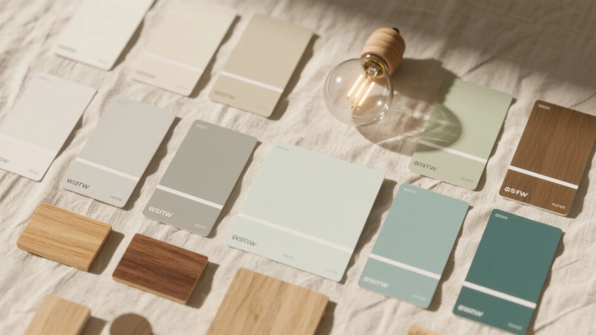 Various paint color cards and wood material samples arranged on fabric with a warm light