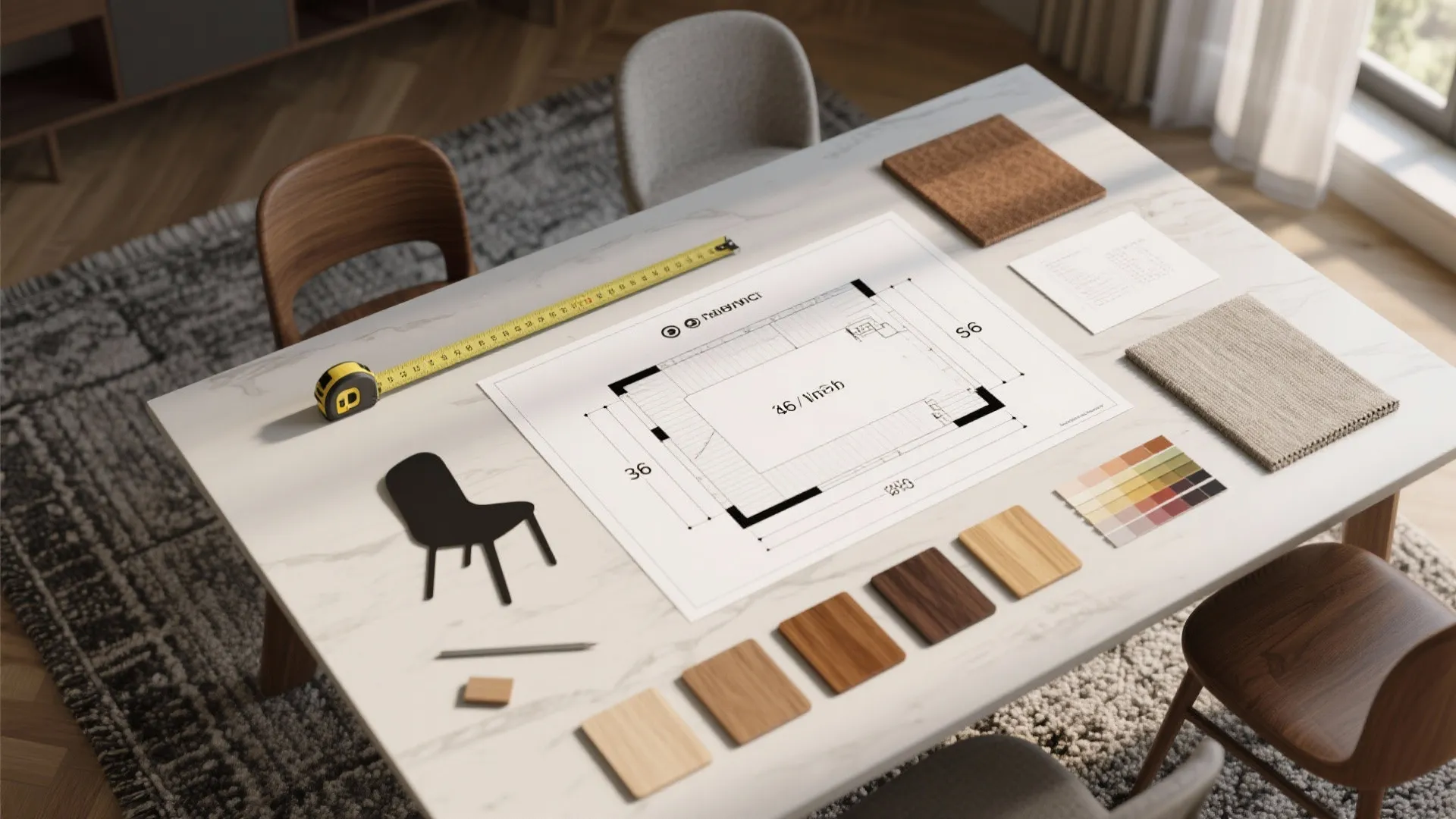 White marble table with interior design drawing measuring tape color swatches and wood material samples