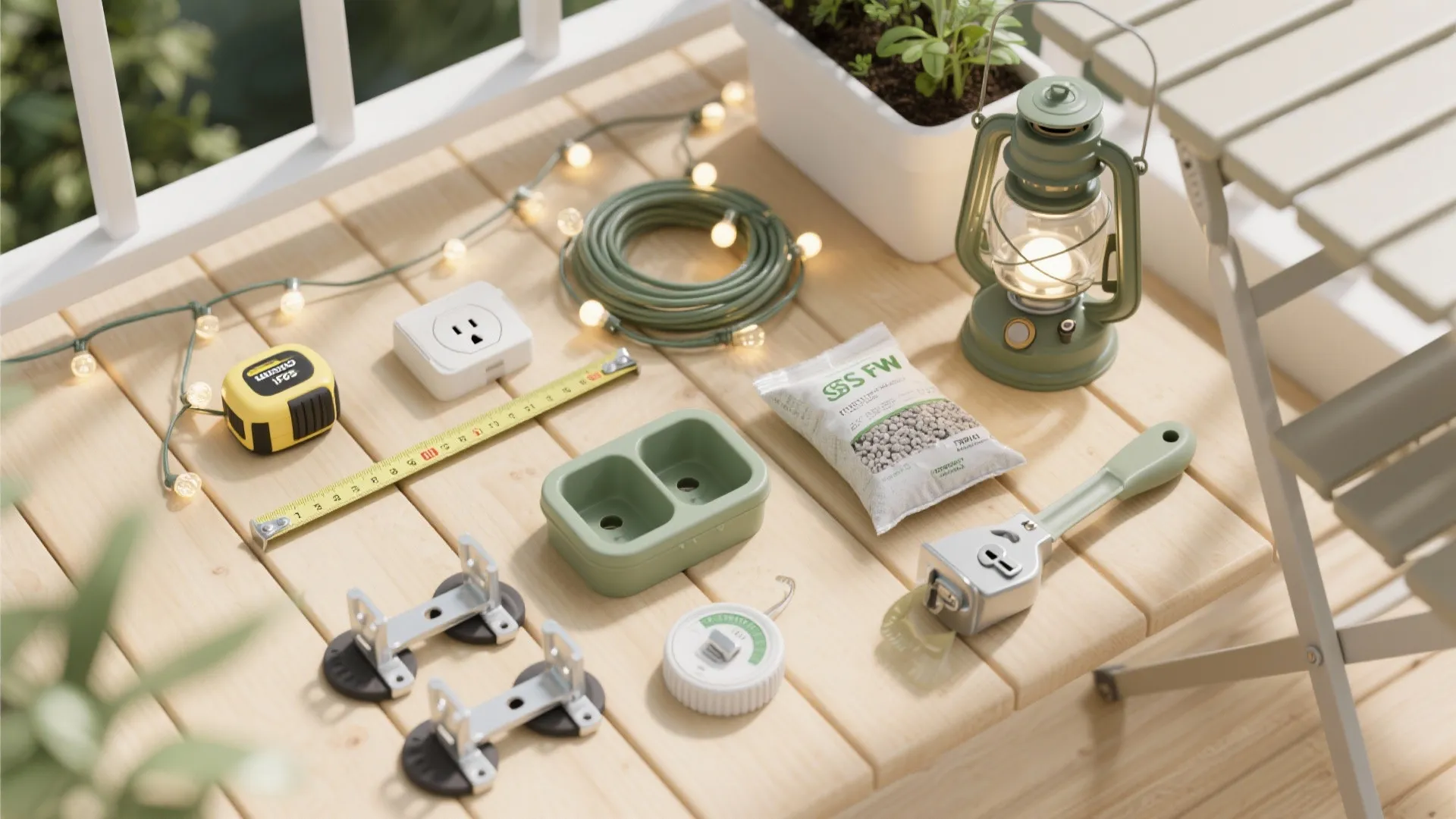 Outdoor wooden floor displaying various renovation tools including tape measure lantern light bulbs and garden supplies