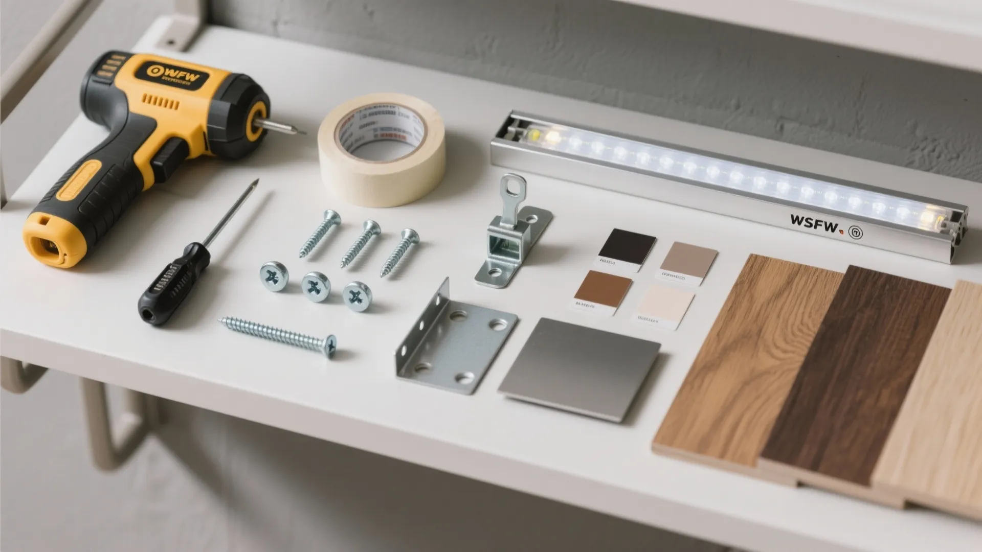 Flat lay of home repair tools including power drill screwdriver screws tape light fixture and wood