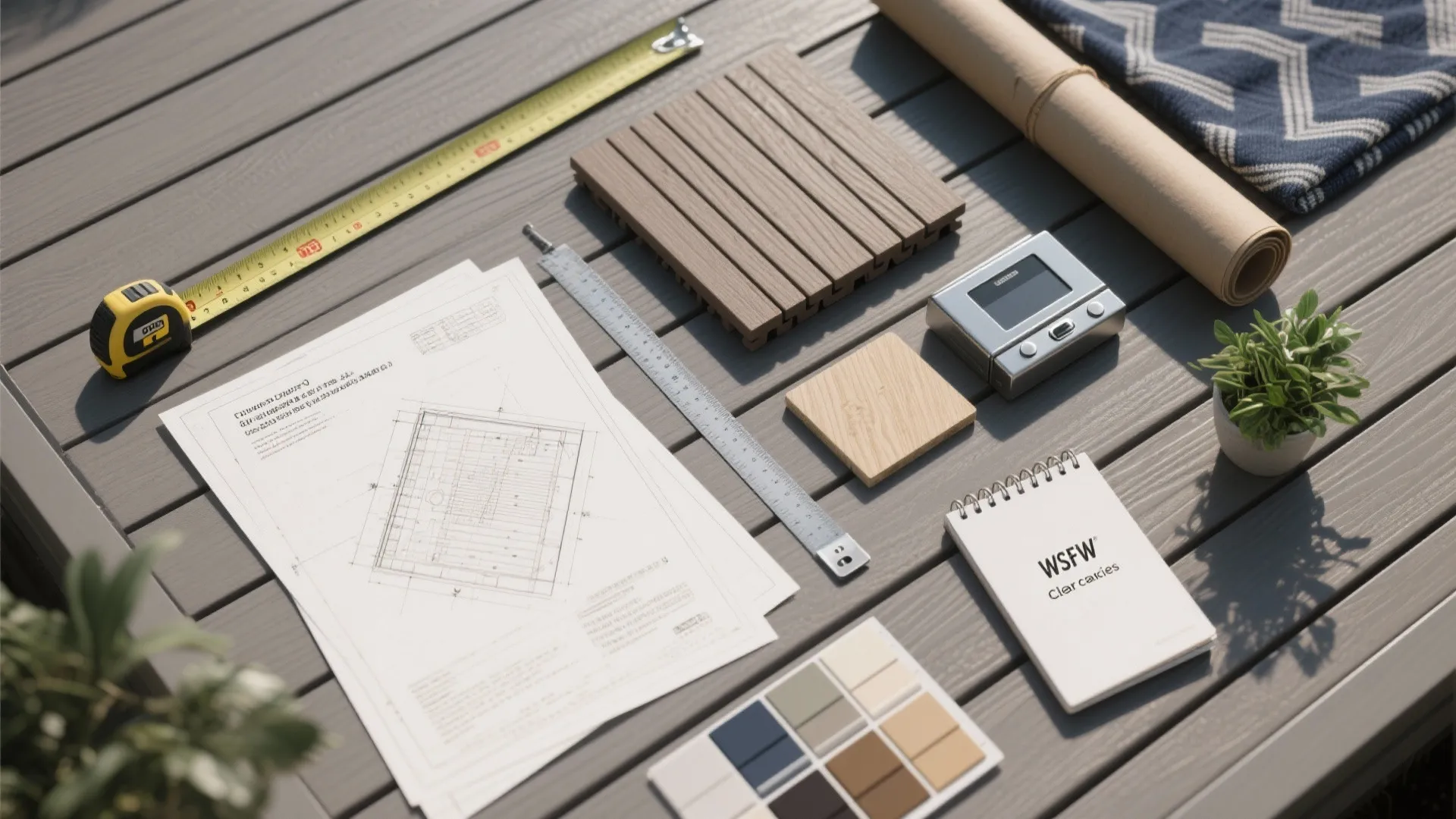 Flat lay of interior design drawing measuring tape material samples and notebook on a wooden table