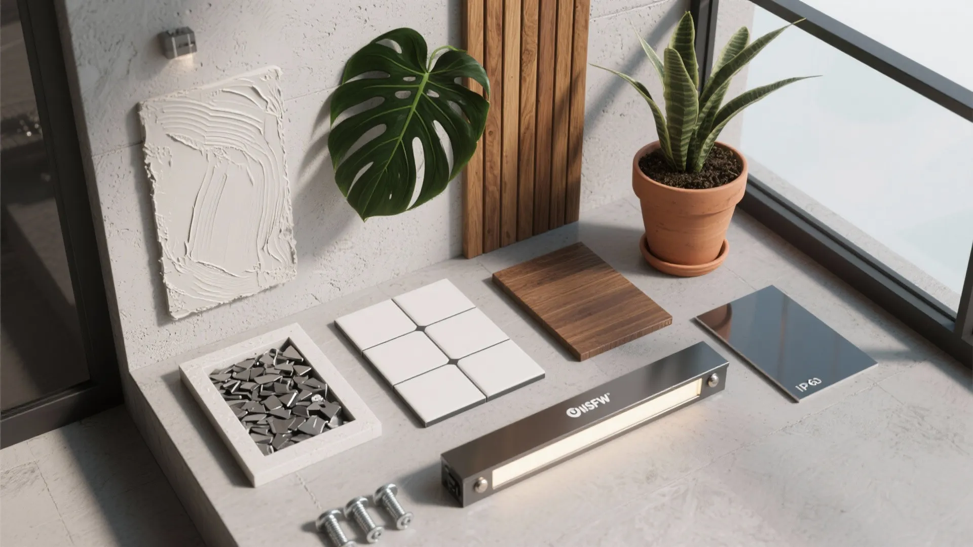Interior design material samples including tiles wood pieces light fixture green plant and metal screws
