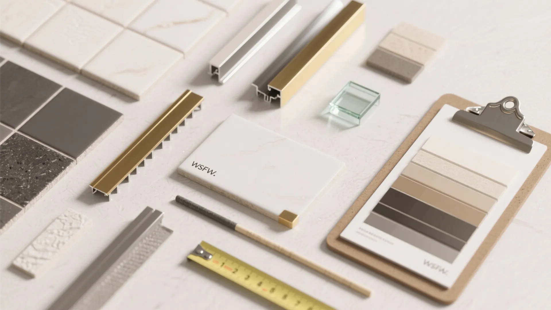 Flat lay of interior design materials including tiles, metal strips, color swatches, and measuring tape
