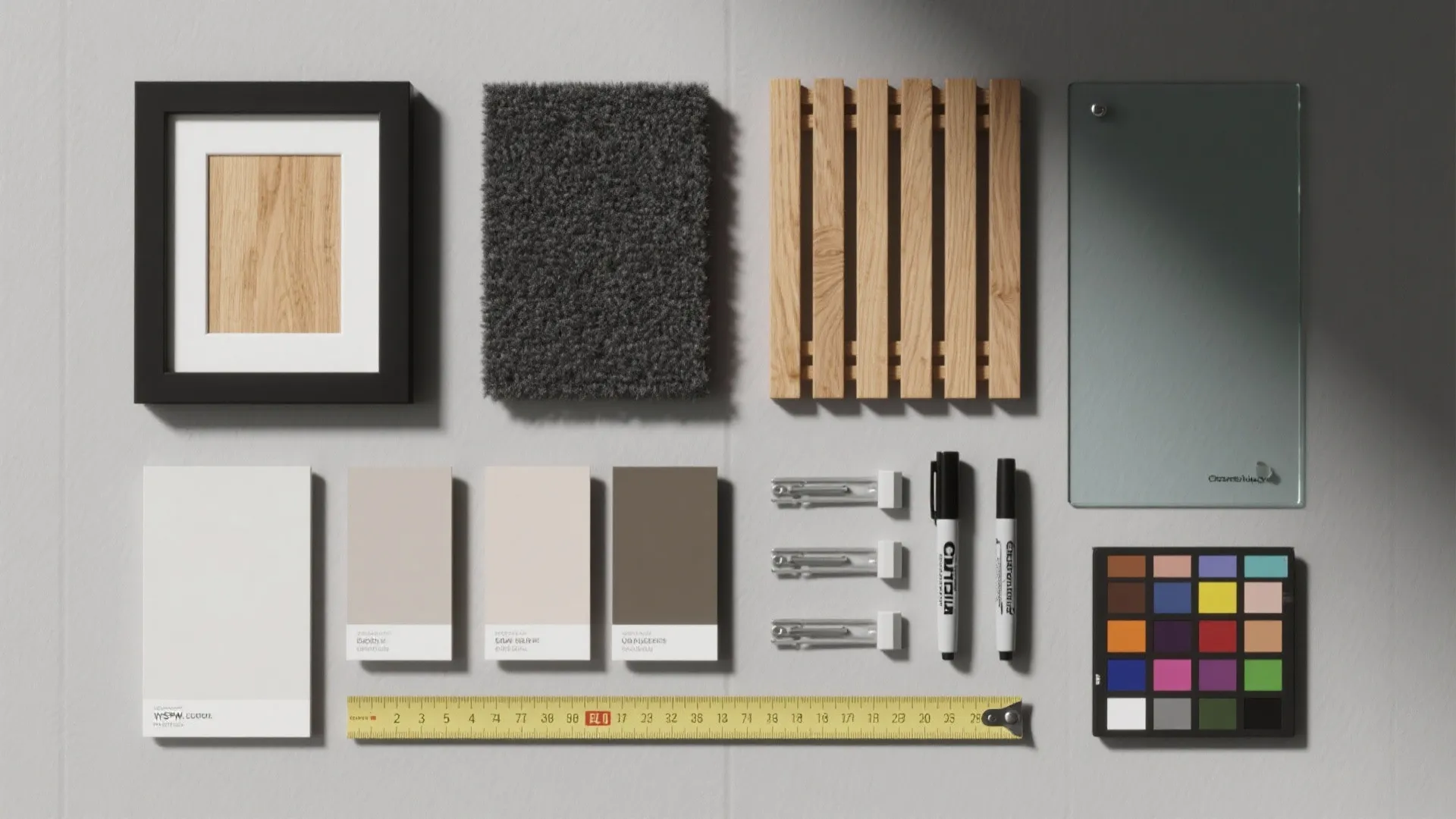 Interior design materials including color samples wood panel grey carpet frame markers and yellow tape measure