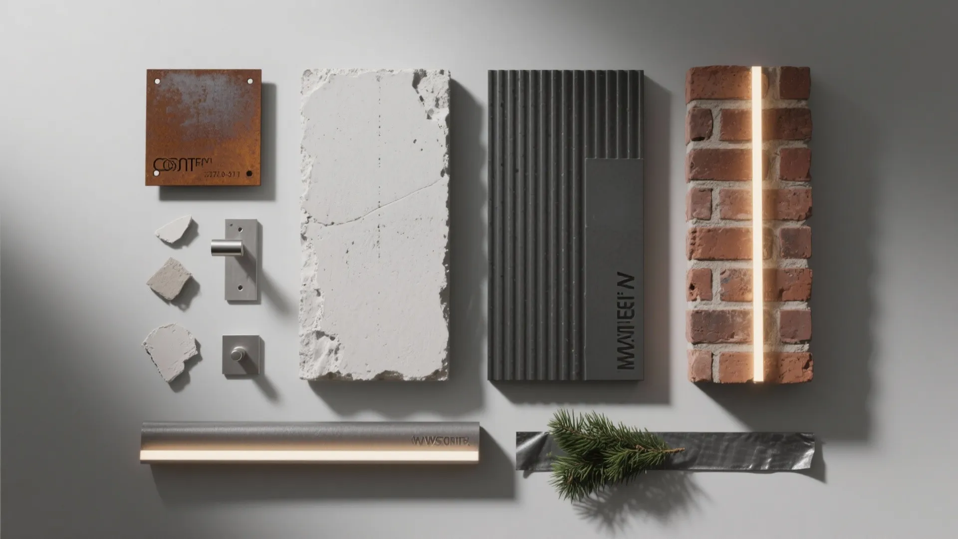 Interior design material board showing brick wall samples metal hardware wood panels and small green branch