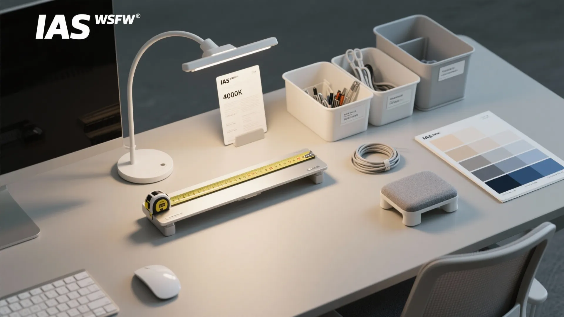 Flatlay of study tools and references, including a task lamp, monitor riser, chair adjustments, cable ties, bins, and color swatches.