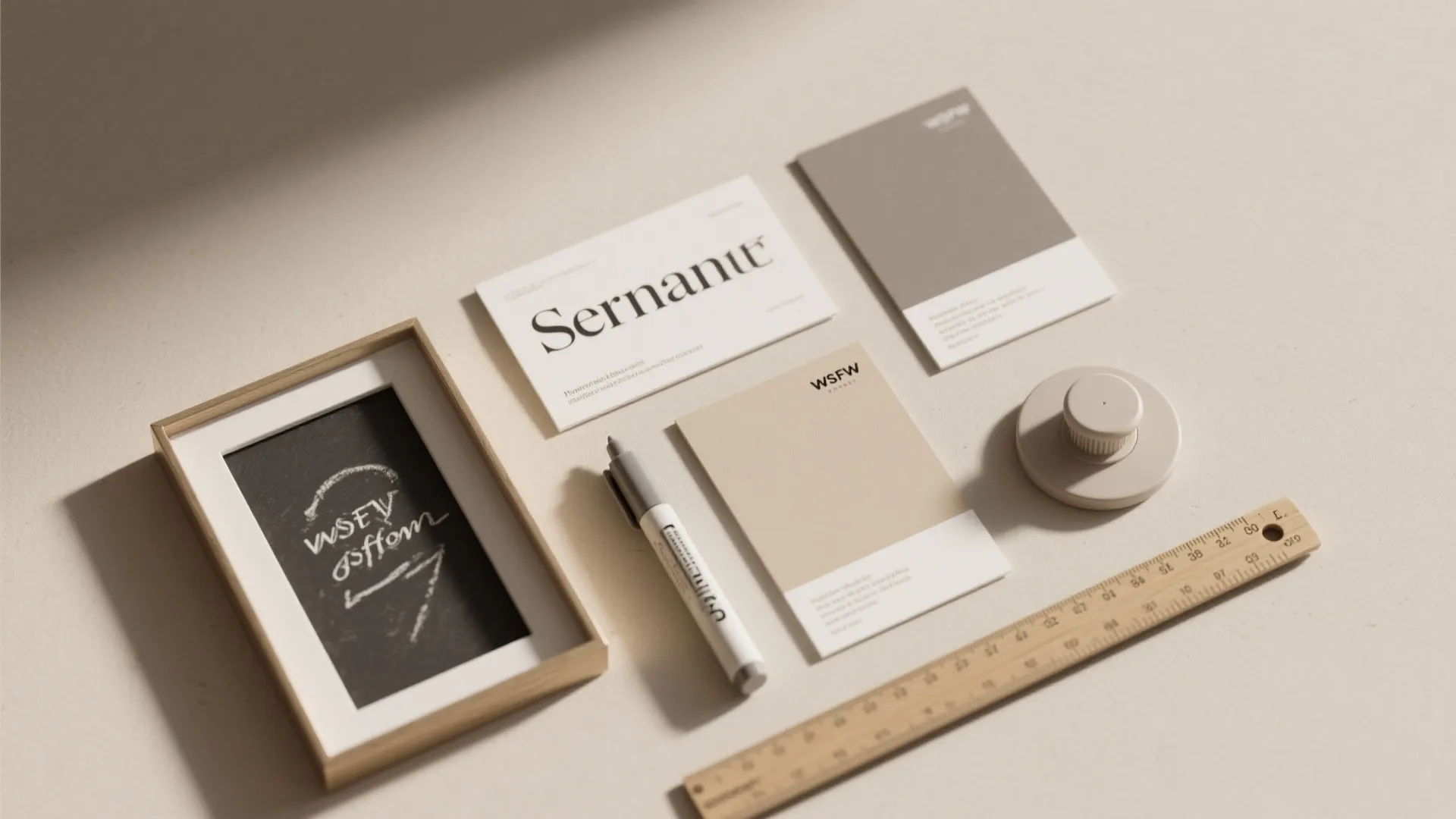 Flat lay of interior design tools including a wooden ruler, markers, frame, and color cards