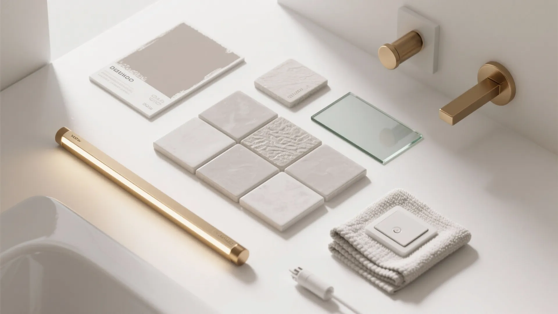 Modern bathroom material board with white tiles gold wall lights glass samples and a grey towel