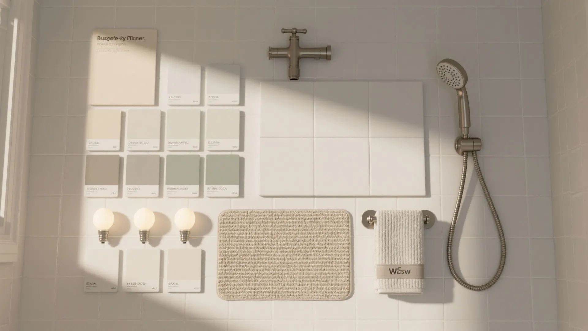 Bathroom design mood board with color samples white tiles shower head towel and light bulbs