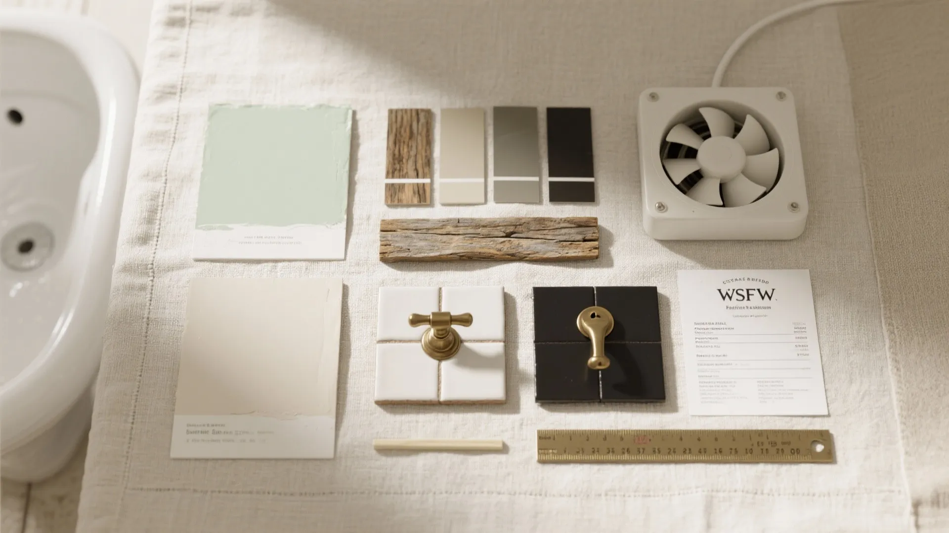 Interior design mood board with color samples wood pieces tiles and a small white fan