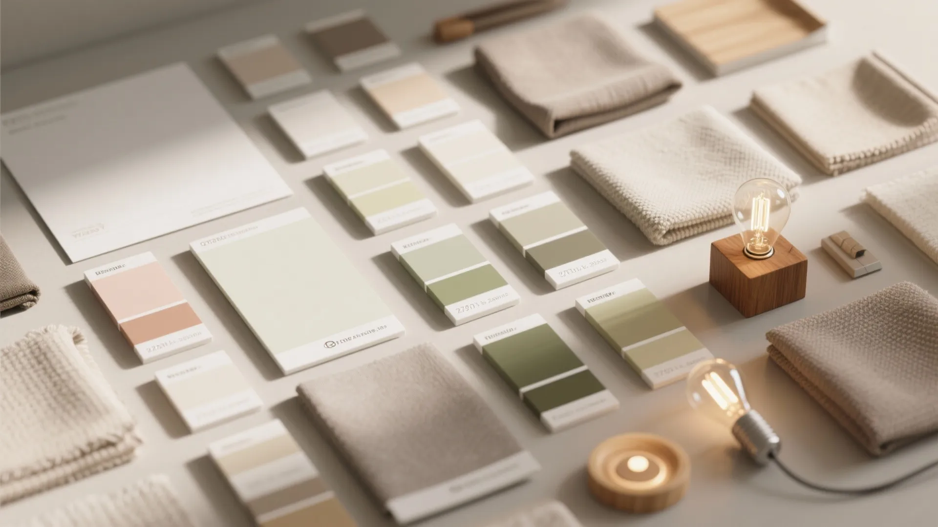 Interior design mood board with green color swatches, fabric samples, wooden blocks, and light bulbs
