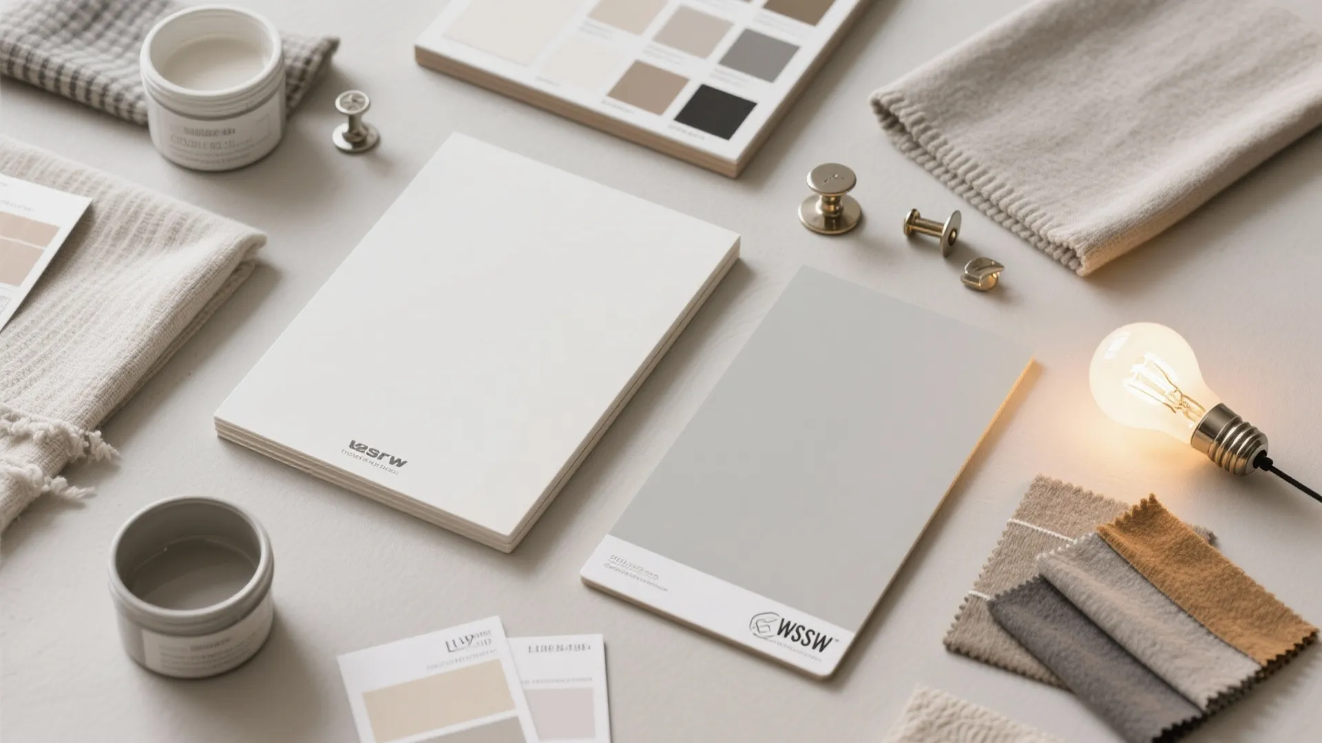 Interior design mood board with color swatches fabric samples a light bulb and paint jars