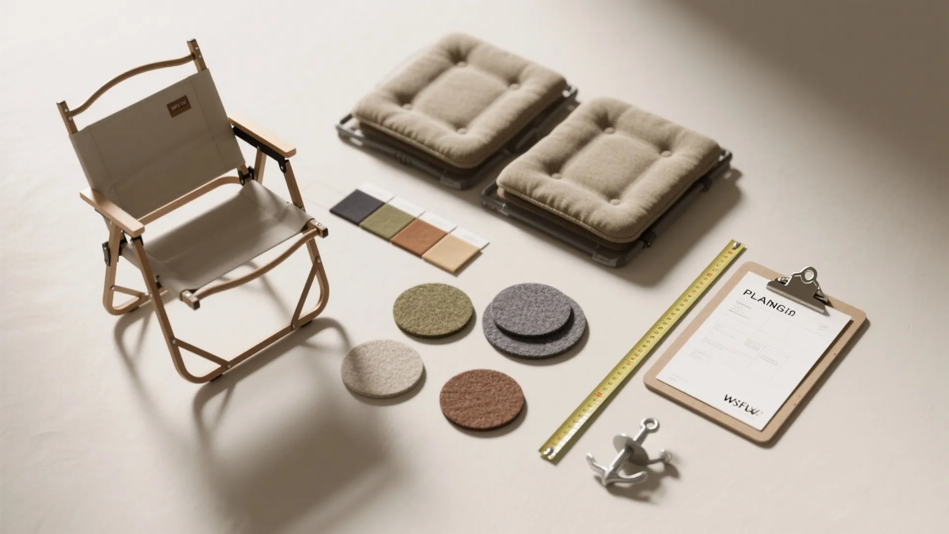 Flat lay of interior design items with chair seat cushions fabric swatches and a clipboard