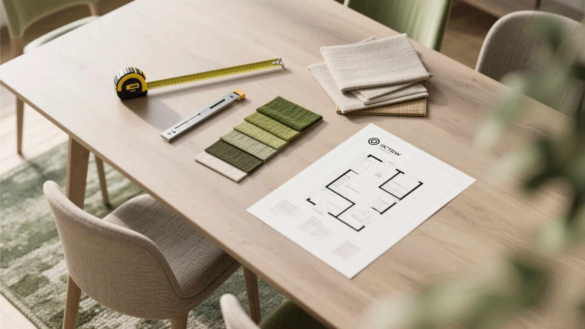 Interior design floor plan on wooden table with measuring tape, fabric samples, and small tools