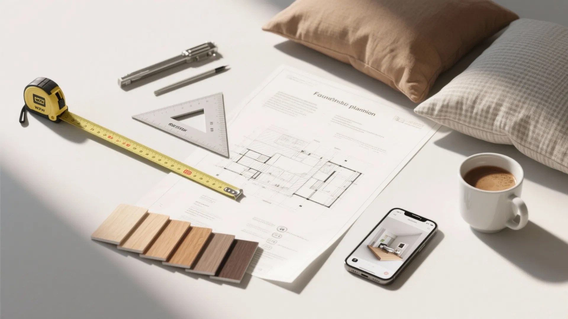 Interior design flat lay with floor plan, tape measure, wood samples, smartphone, and coffee cup