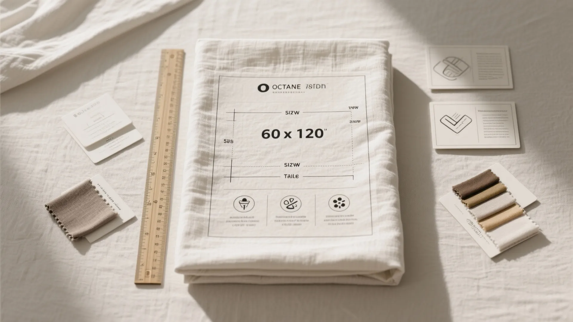 Flat lay of a folded cream rug with a wooden ruler and various fabric samples