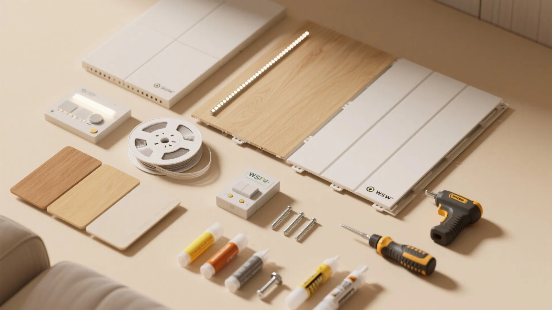 Flat lay of interior design materials featuring wood panels light strips screws screwdriver and drill