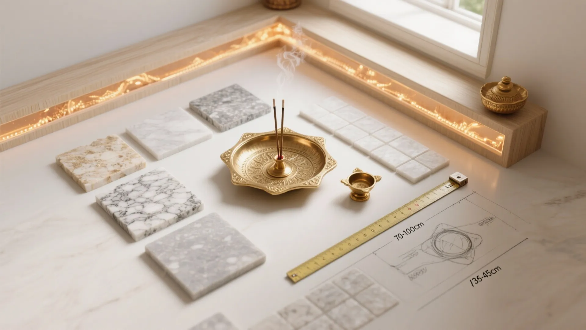 Marble samples with brass incense burner and tape measure on table for interior design planning