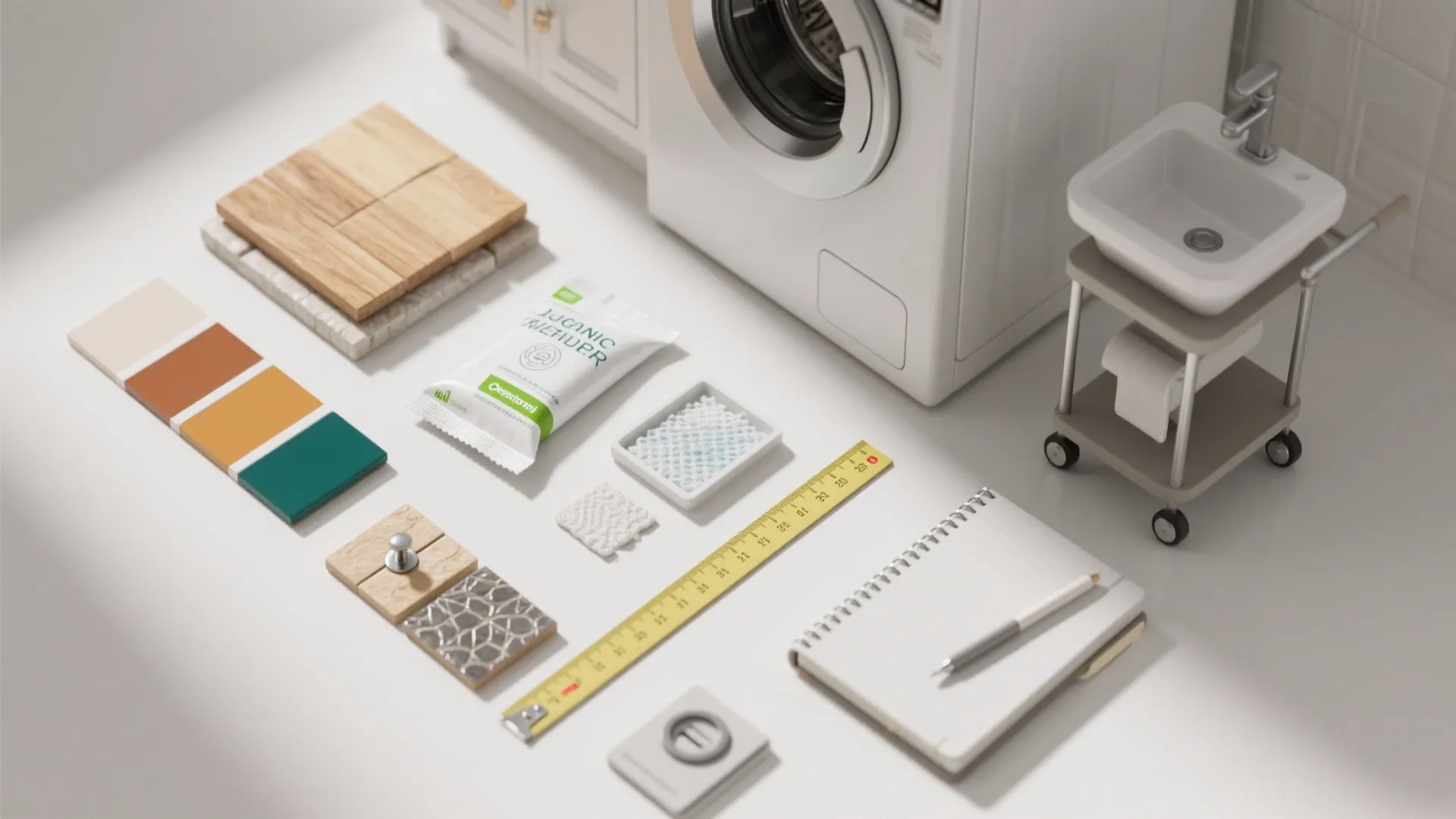 Interior design materials including wood samples, color swatches, measuring tape, notebook, and small laundry items