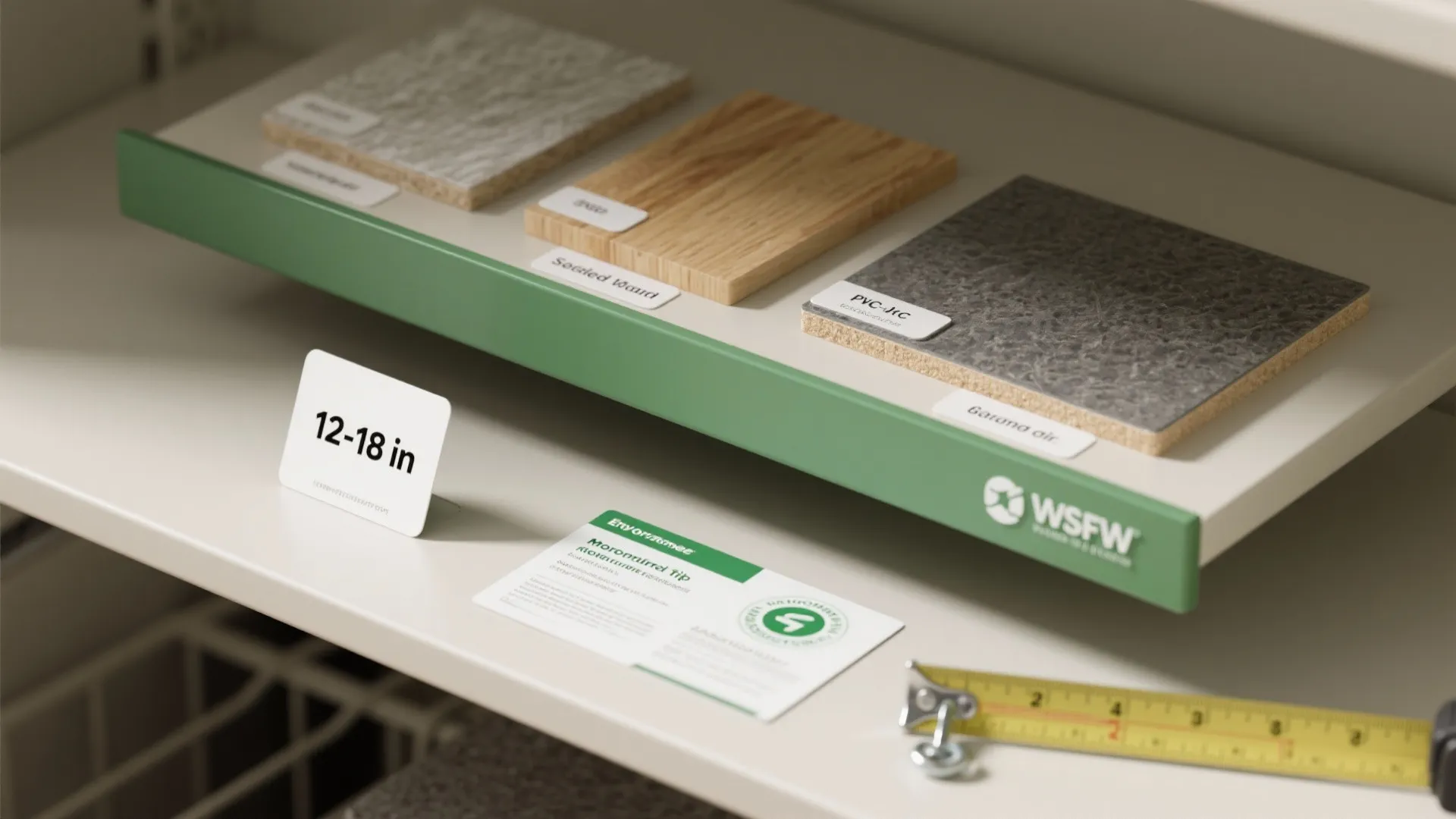 Close up of material samples on shelf with measuring tape for laundry room cabinet design