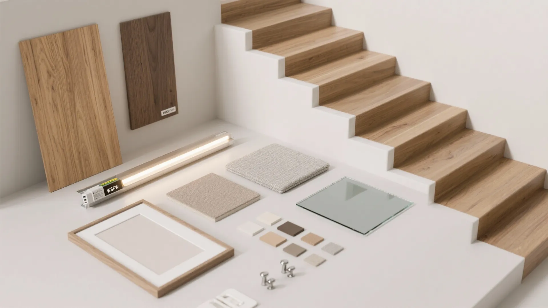 Interior design material board with wood samples and light fixture next to a wooden staircase