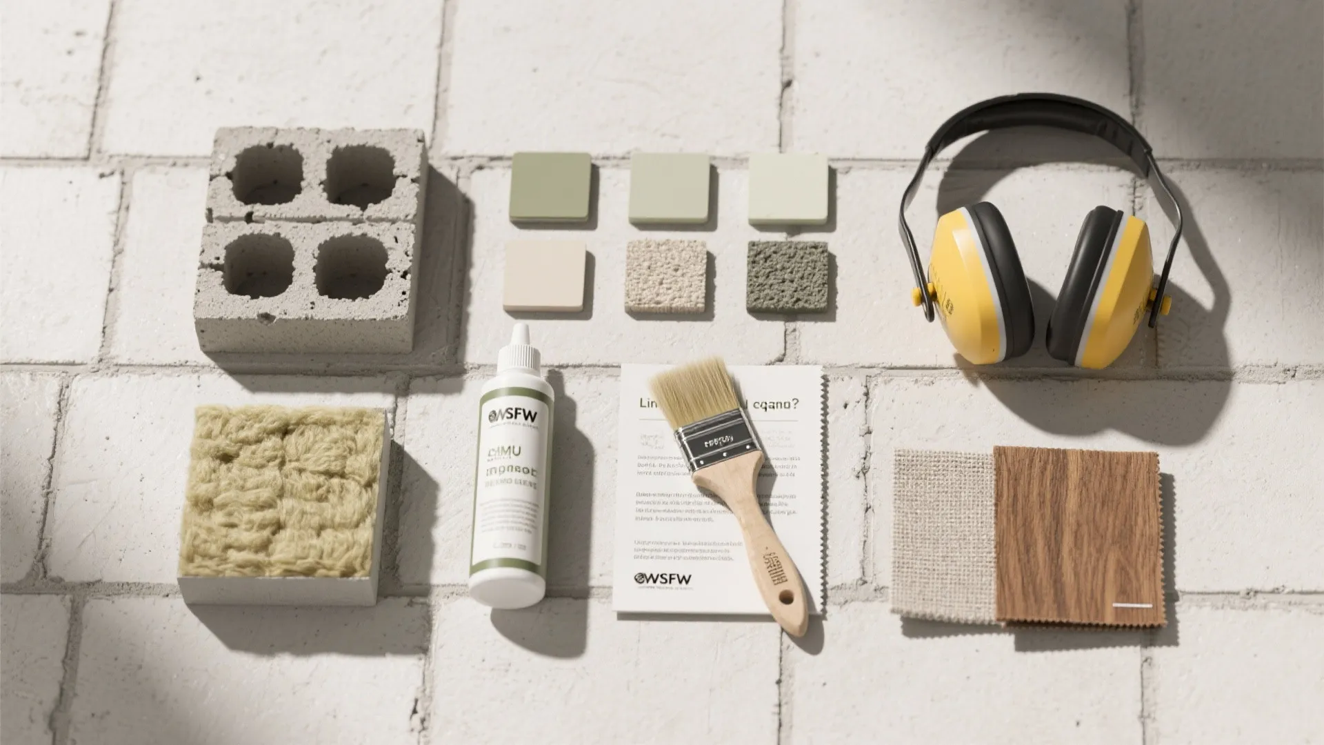 Flatlay of renovation materials showing color swatches paint brush concrete block and yellow noise headphones