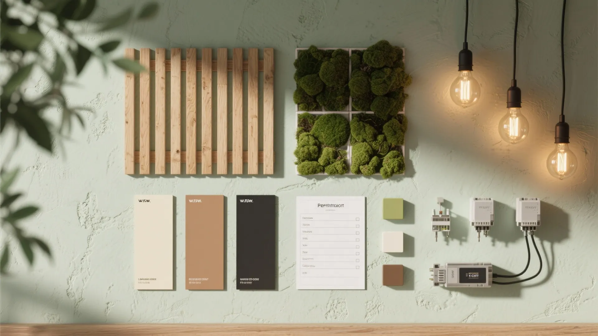 Interior design mood board with wood panels green moss samples light bulbs and colorful paint cards