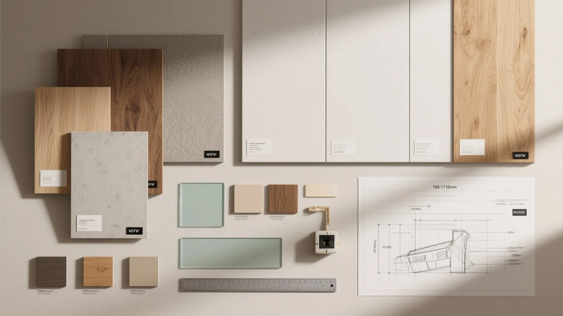Flatlay of materials for half wall partition designs with drywall, oak, microcement, tempered glass, and planning notes.