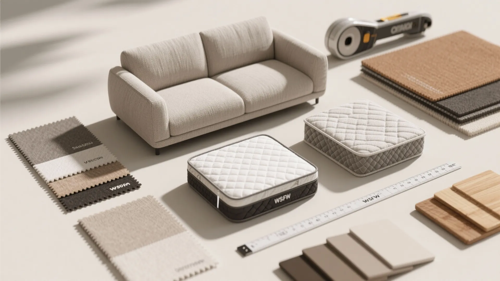 Interior design materials including fabric swatches wooden floor samples ruler and small grey sofa model
