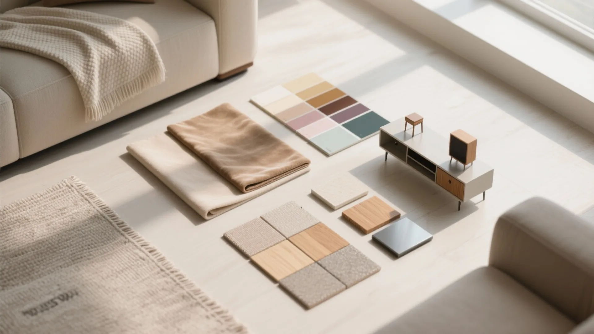 Interior design mood board on floor with fabric samples color palette and small furniture models
