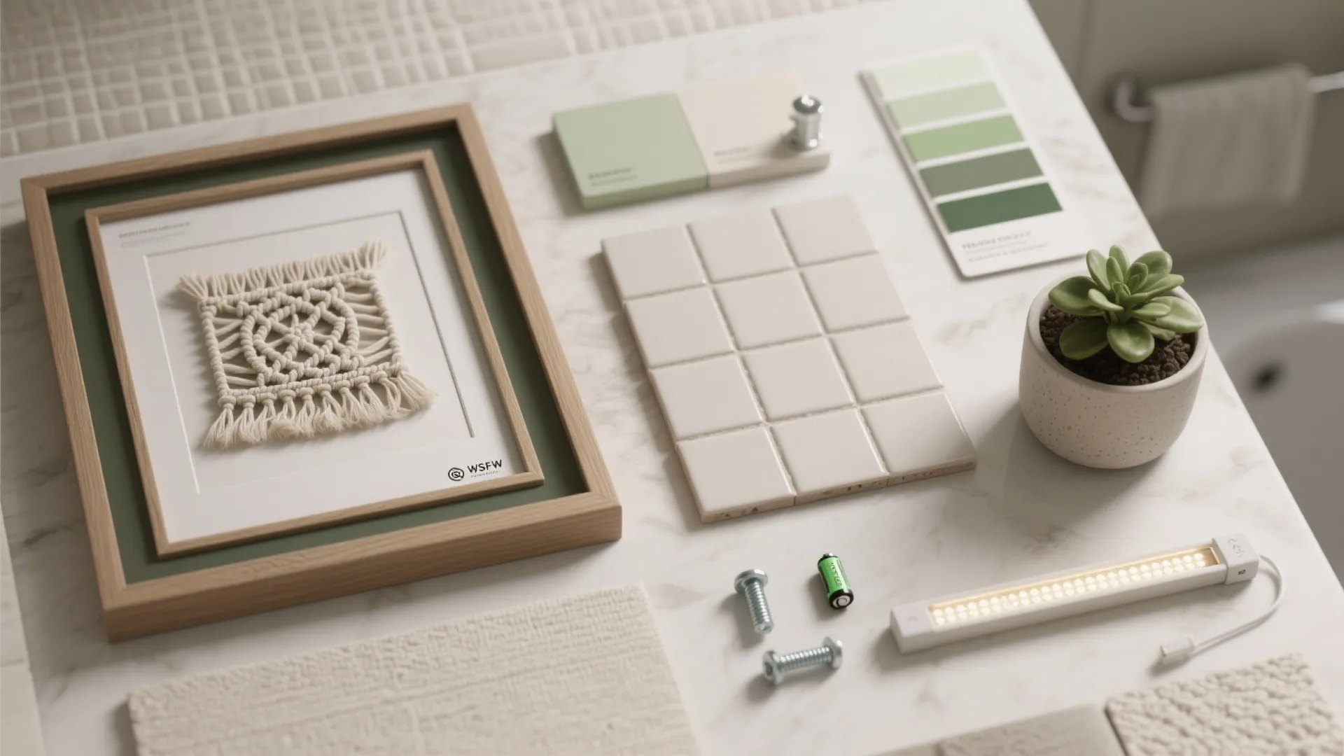 Interior design mood board with green color swatches white tiles a plant and light fixture